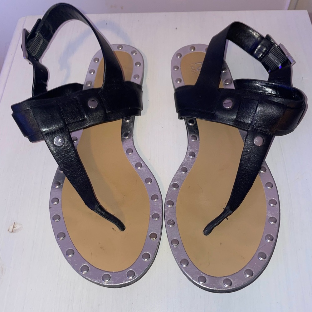 Karl Lagerfeld Black Leather Sandals with metal accents